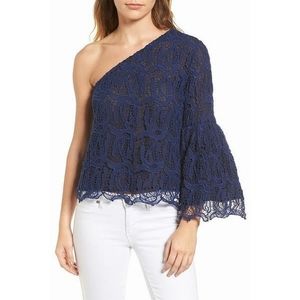 NWOT Nordstrom Womens Blue Lace One Shoulder Top Bell Sleeves Blouse Size Small